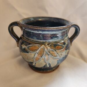 Small Ceramic Sugar Bowl Handmade Studio Pottery in Beautiful Azul w/Leaf Design